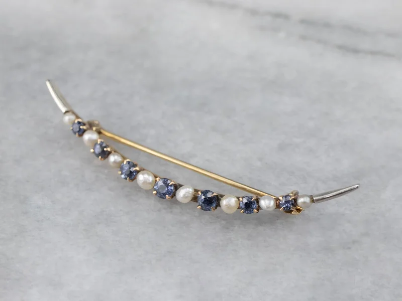 Ladies standout bold brooches -Art Nouveau Sapphire Pearl Crescent Moon Brooch