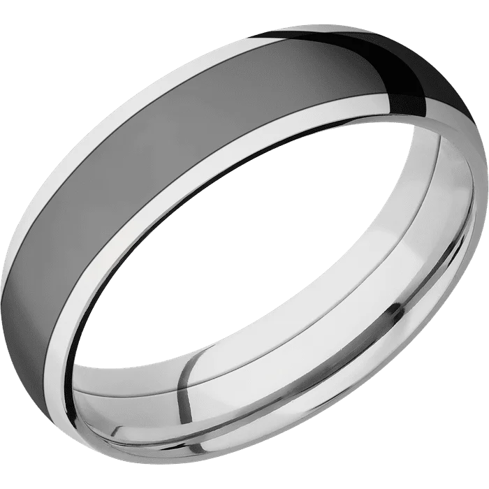 Ladies Rings Simple Shine-6mm wide Domed Platinum Ring with Polish Finish / One 4mm Centered Black Titanium Inlay with Polish Finish