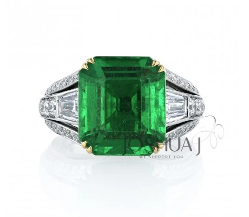 Ladies Rings with Radiant Gems-Platinum and 18k Yellow Gold 7.64ct Emerald Cut Emerald and Diamodn Ring