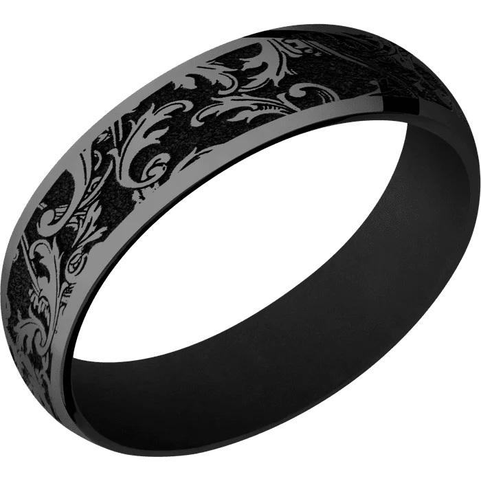 Ladies Rings with Etched Spark-6mm wide Domed Black Titanium Ring with Polish Finish / Black Leaf Design / Black Cerakote Sleeve