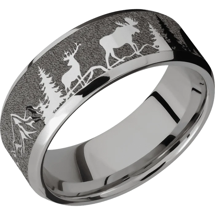 Ladies Rings with Moss Malachite-8mm wide Beveled Titanium Ring with Polish Finish / Bear Moose Deer Mountain Design