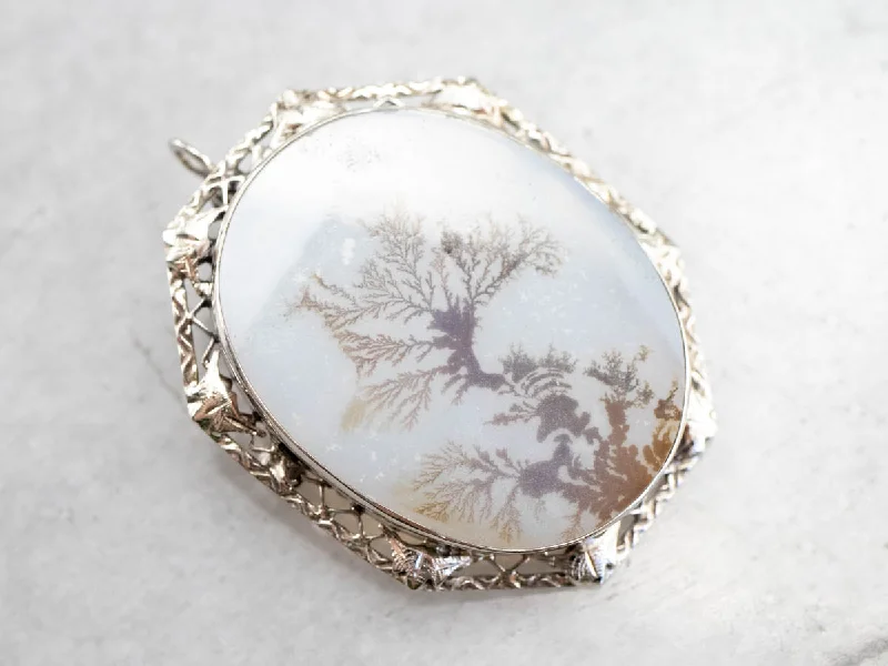 Ladies circular gleam brooches -Shazar Stone Dendritic Agate Brooch or Pendant