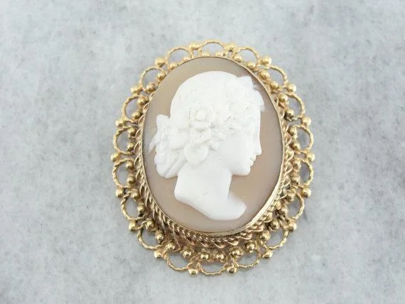 Ladies 22K gold shine brooches -Vintage Natural Shell Cameo Gold Filigree Brooch