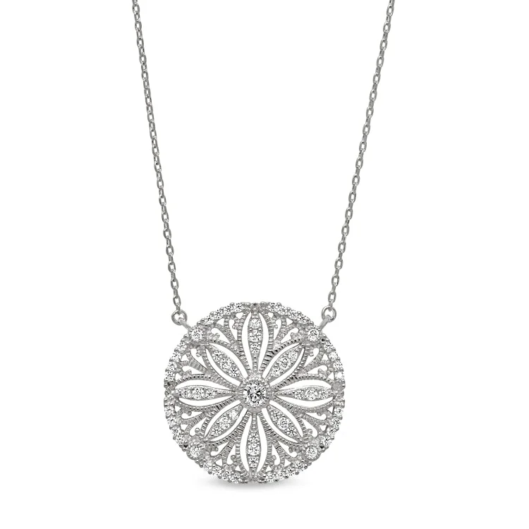 Ladies classic vintage necklaces -Platinum Finish Sterling Silver Micropave Vintage San Dollar Necklace with Simulated Diamonds on 16"-18" Adjustable Chain