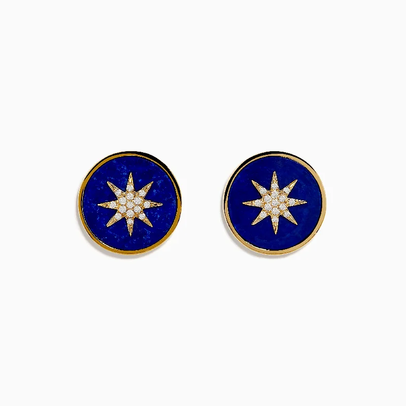 Ladies Earrings with Pure Okenite-14K Yellow Gold Lapis and Diamond Star Compass Earrings