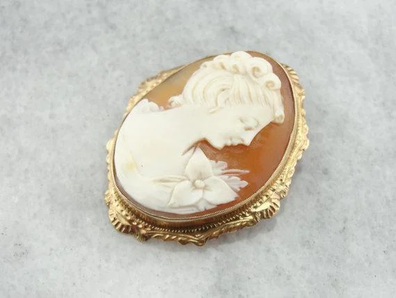 Ladies rosy gold brooches -Exquisite Cameo with Flower Shoulder Brooch or Pendant