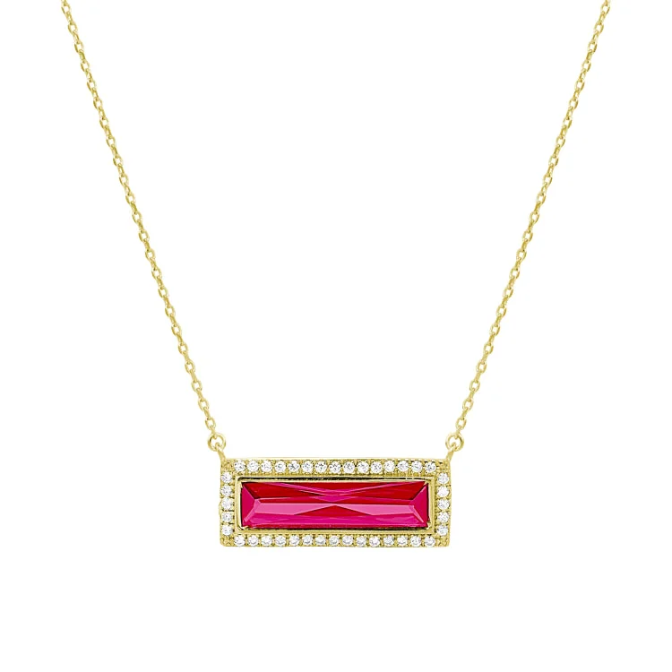 Ladies starry charm necklaces -Gold Finish Sterling Silver Necklace with Rectangular Simulated Ruby Stone and Simulated Diamonds on 16" - 18" Chain