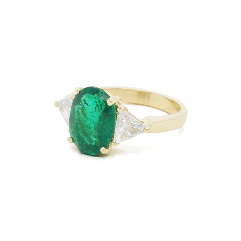 Ladies Rings with Brown Astrophyllite-18k Yellow Gold Three Stone Emerald & Diamond Ring