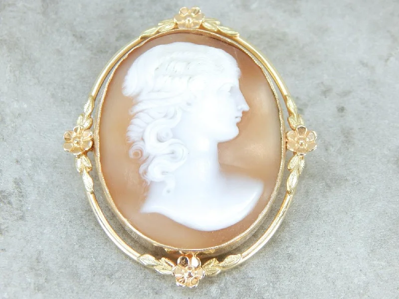 Ladies anniversary sparkle brooches -Cameo Brooch or Pendant in Yellow Gold with Floral Details