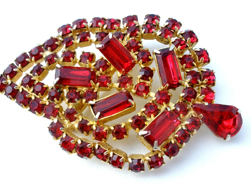 Ladies floral whisper brooches -Ruby Red Rhinestone Leaf Brooch Pin Vintage