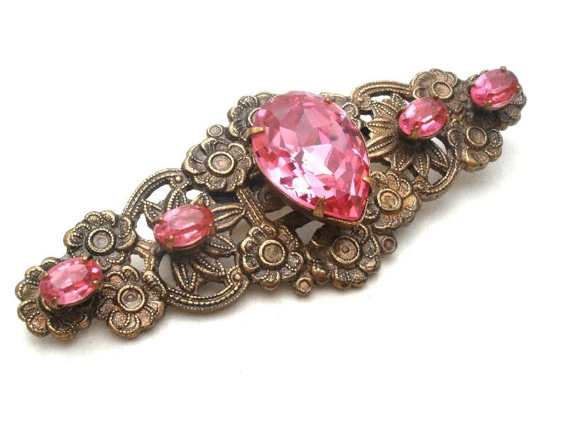 Ladies orbit glow brooches -Vintage Brass Flower Brooch Pin With Pink Rhinestones