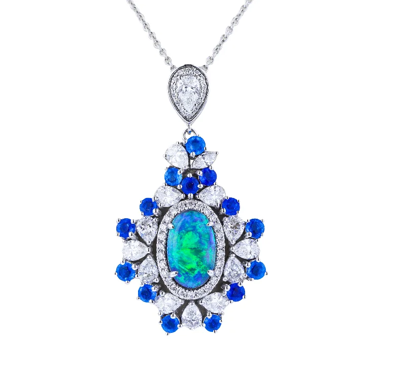 Ladies enchanted glow necklaces -JULEVE 18KT WHITE GOLD 1.69CT BLACK OPAL, 1.15CT HAUYNE & 2.78CTW DIAMOND NECKLACE