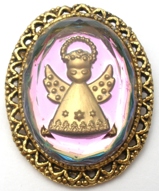 Ladies tender heart brooches -Vintage Reverse Intaglio Glass Angel Brooch