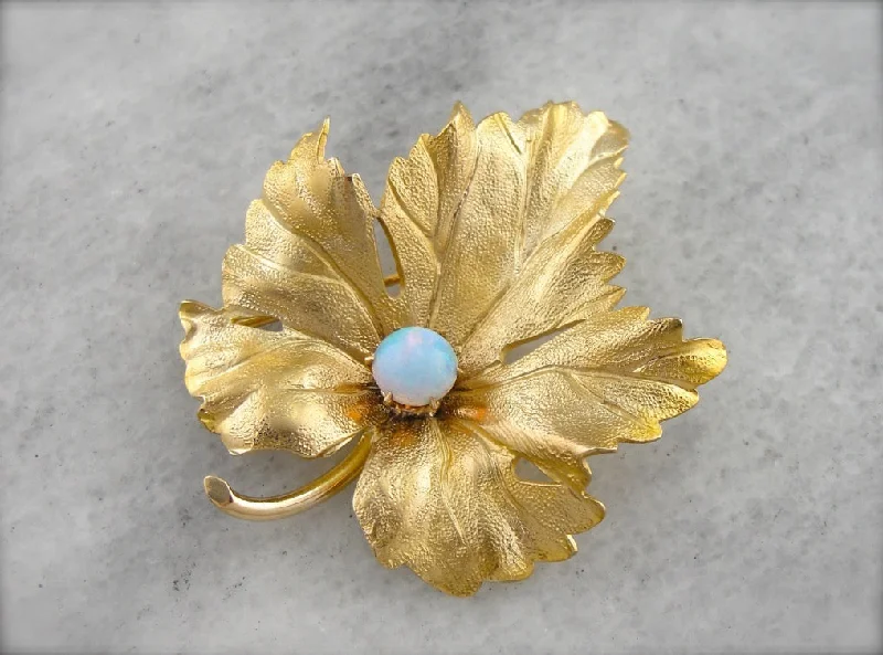 Ladies custom etched brooches -Realistic Maple Leaf Brooch with Opal Set at the Center