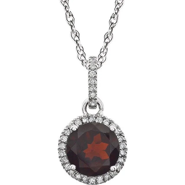 Ladies vibrant fashion necklaces -14KT WHITE GOLD 1.60 CT GARNET & .10 CTW DIAMOND HALO NECKLACE