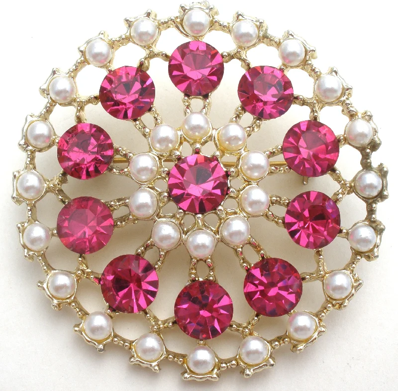 Ladies cosmic charm brooches -Fuchsia Pink & Pearl Brooch Pin Vintage