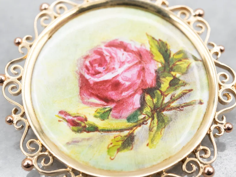 Ladies galaxy spark brooches -Vintage Painted Porcelain Krementz Flower Brooch