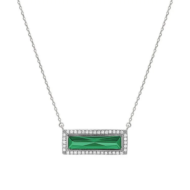 Ladies mystic charm necklaces -Rhodium Finish Sterling Silver Necklace with Rectangular Simulated Emerald Stone and Simulated Diamonds on 16" - 18" Chain