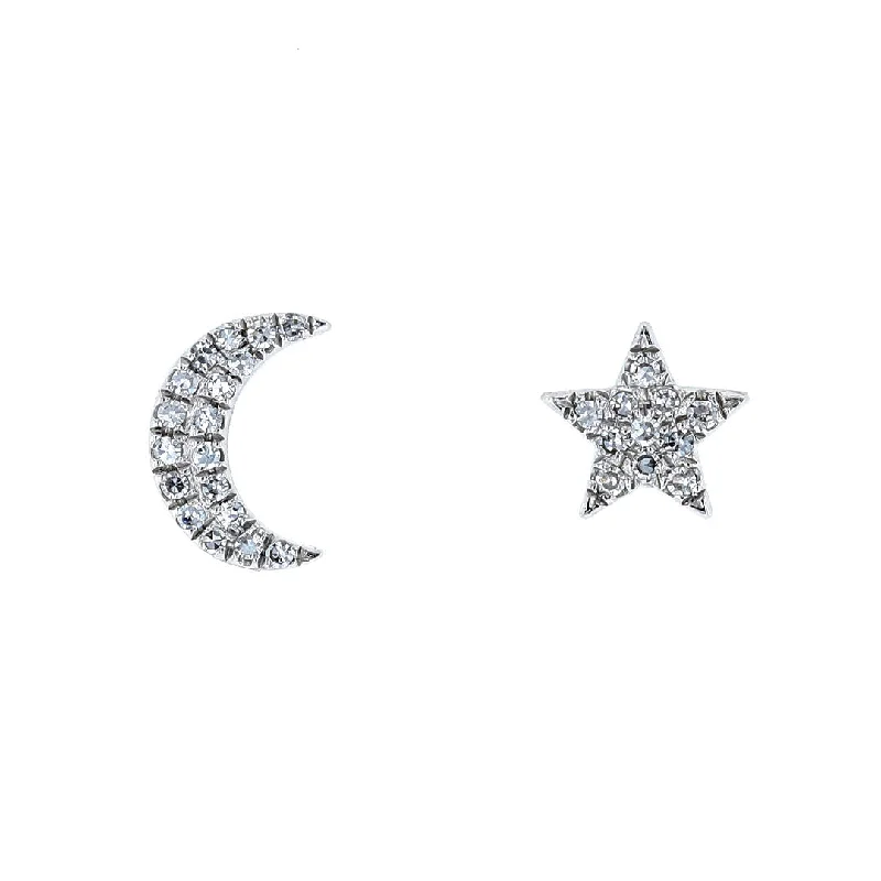 Ladies Earrings with Pale Prehnite-Diamond Moon & Star Stud Earrings