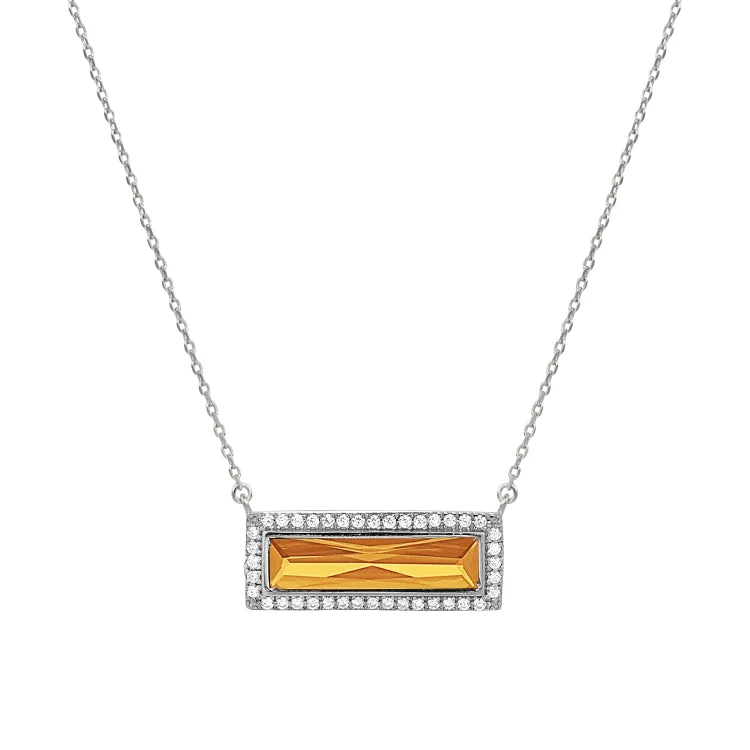 Ladies holy cross necklaces -Rhodium Finish Sterling Silver Necklace with Rectangular Simulated Citrine Stone and Simulated Diamonds on 16" - 18" Chain