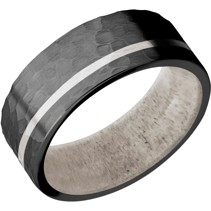 Ladies Rings with Bead Shine-8mm wide Flat Black Titanium Ring with Hammer Finish / One 1mm Off Center Palladium Silver Inlay with Hammer Finish / Antler Sleeve