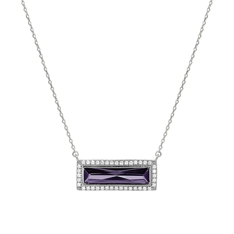 Ladies blissful spark necklaces -Rhodium Finish Sterling Silver Necklace with Rectangular Simulated Amethyst Stone and Simulated Diamonds on 16" - 18" Chain