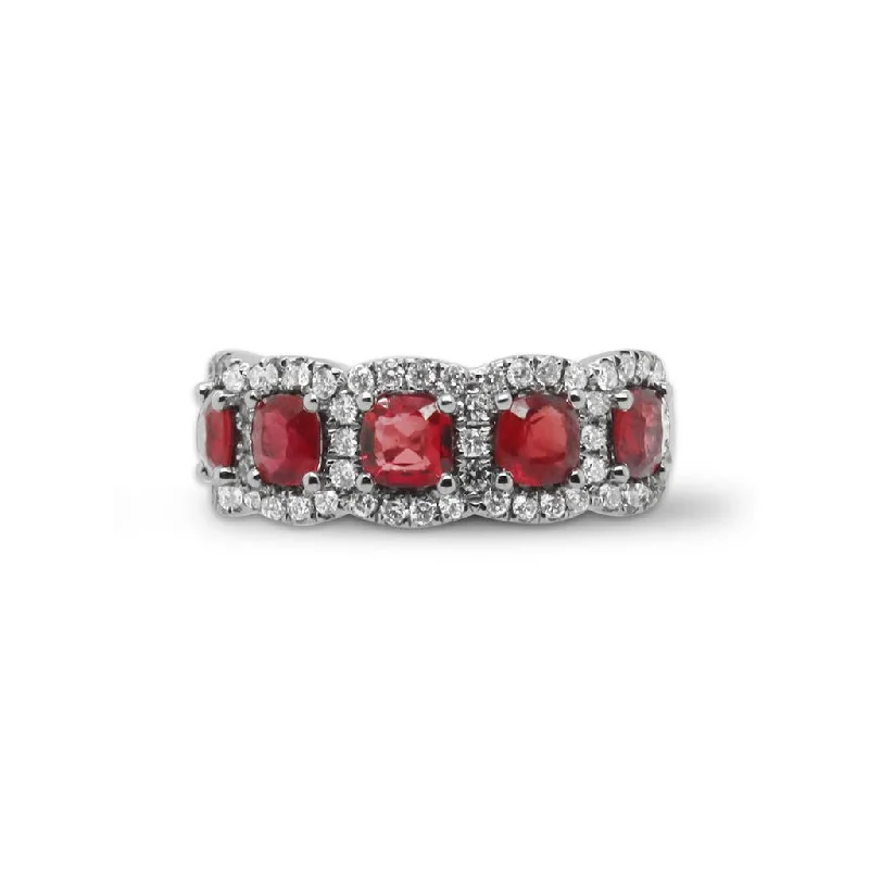 Ladies Rings with Bronze Enstatite-14k White Gold Round Ruby Ring with a Continuous Diamond Halo