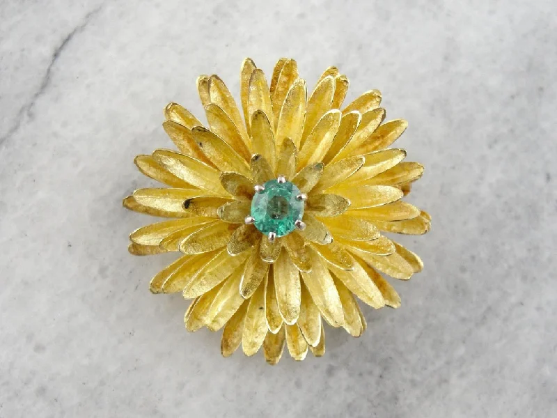 Ladies quirky spark brooches -Flower Brooch with Bright Emerald Center, Textured High Karat Yellow Gold