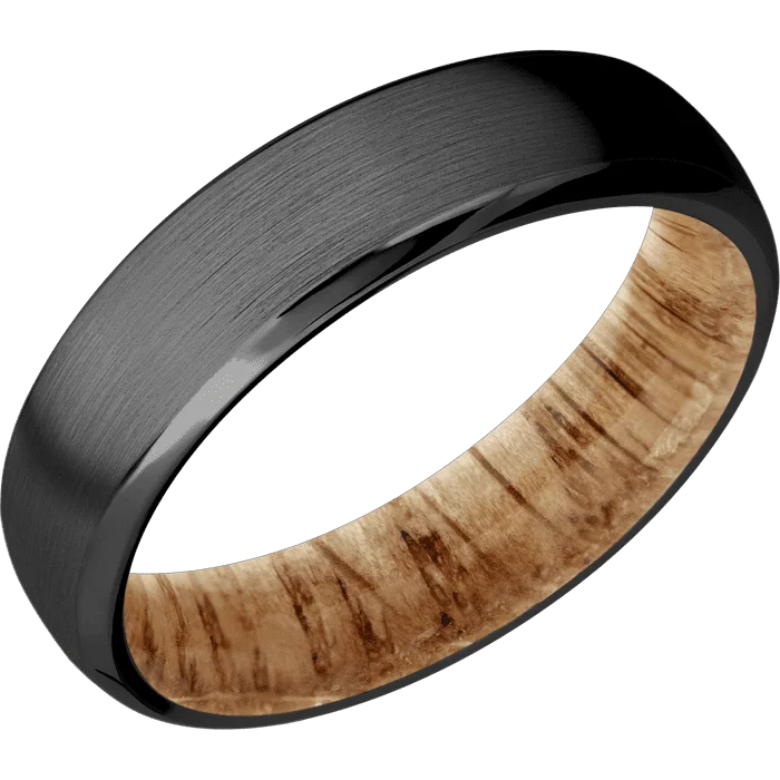 Ladies Rings with Diamond Spark-6mm wide Domed Bevel Black Zirconium Ring with Satin Finish / Natural Oak Sleeve