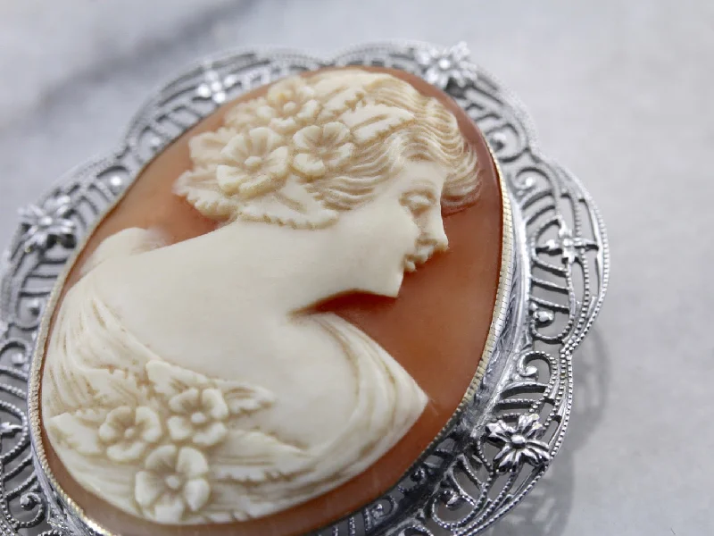 Ladies Victorian bloom brooches -Classic White Gold Filigree Art Deco Cameo Brooch