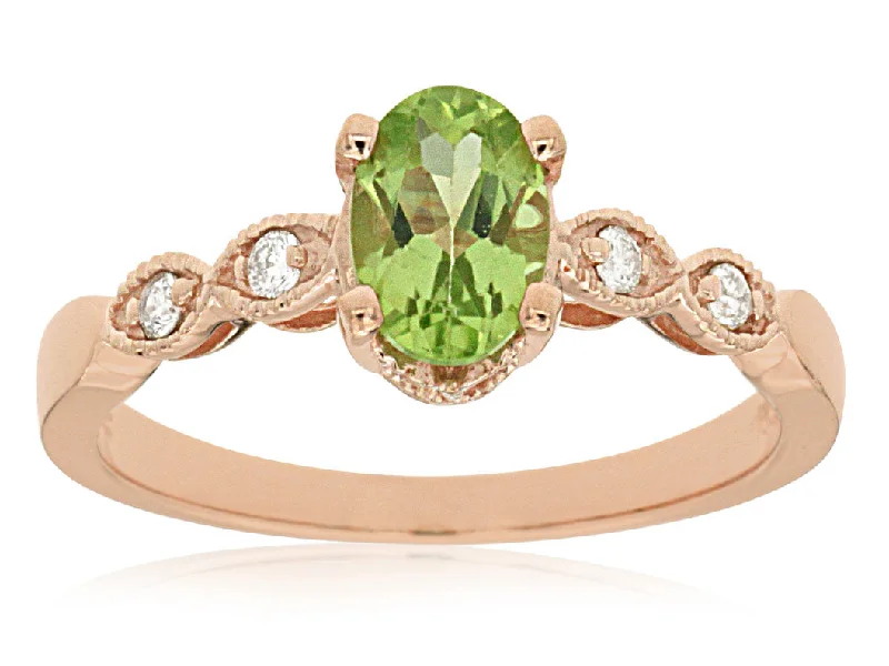 Ladies Rings for Sister Spark-14K Rose Gold Oval Peridot Diamond Ring