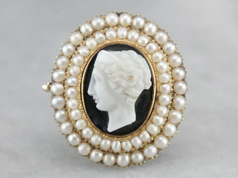 Ladies floral whisper brooches -Antique Victorian Onyx Cameo Seed Pearl Brooch