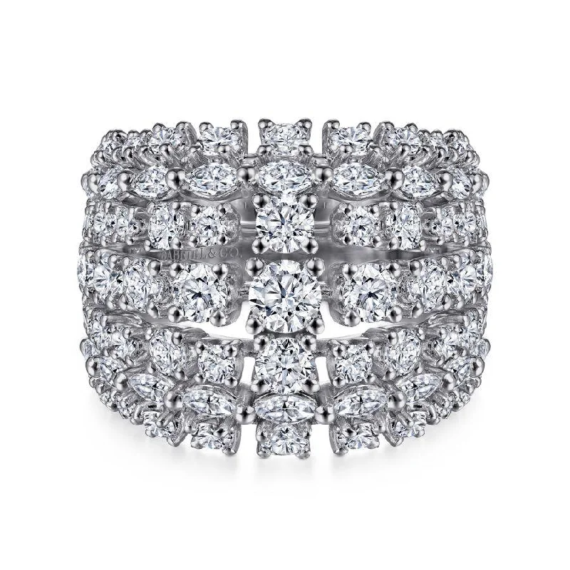 Ladies Rings with Custom Glow-Gabriel & Co. - LR52057W84JJ - 18K White Gold Wide Six Row Diamond Ring