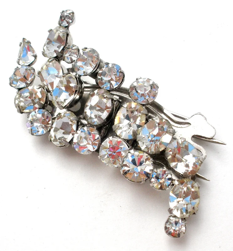 Ladies refined office brooches -Vintage Clear Rhinestone Duette Clip Brooch