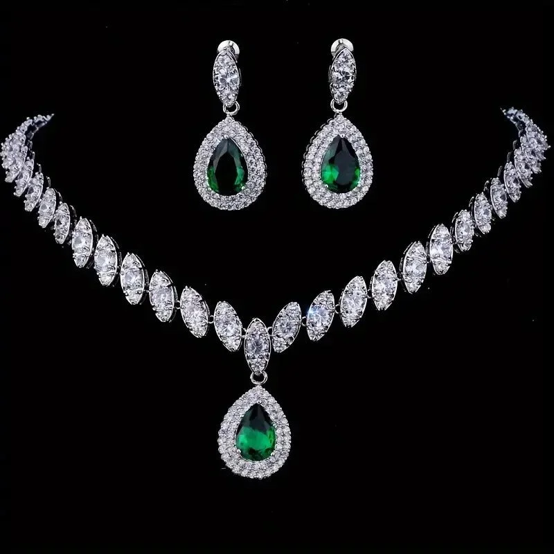 Ladies Earrings with Heart Spark-3pcs SILVER Emerald Green Jewelry Set l Rhinestone Earrings l Necklace l Bracelet l Prom l Wedding JS-934