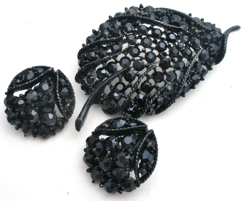 Ladies antique treasure brooches -Leaf Brooch Jewelry Set Black Enamel & Rhinestones