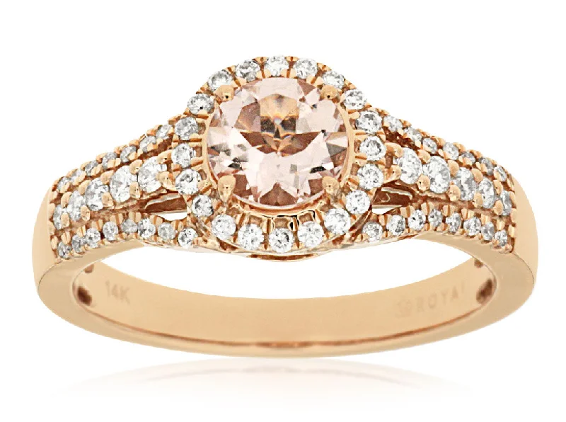 Ladies Rings with Mint Serpentine-14k Rose Gold Round Morganite and Diamond Halo Ring PC6541M-MG