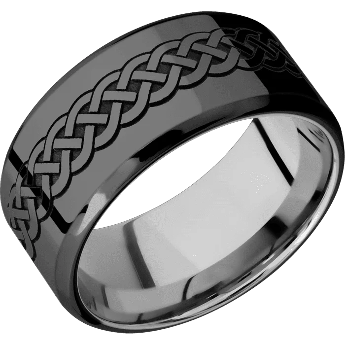 Ladies Rings for Music Spark-10mm wide Beveled Black Titanium Ring with Polish Finish / Celtic 9 Design / Platinum Sleeve