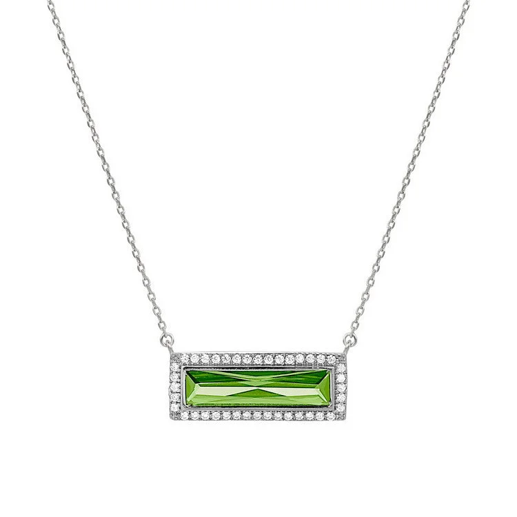 Ladies rich lapis necklaces -Rhodium Finish Sterling Silver Necklace with Rectangular Simulated Peridot Stone and Simulated Diamonds on 16" - 18" Chain