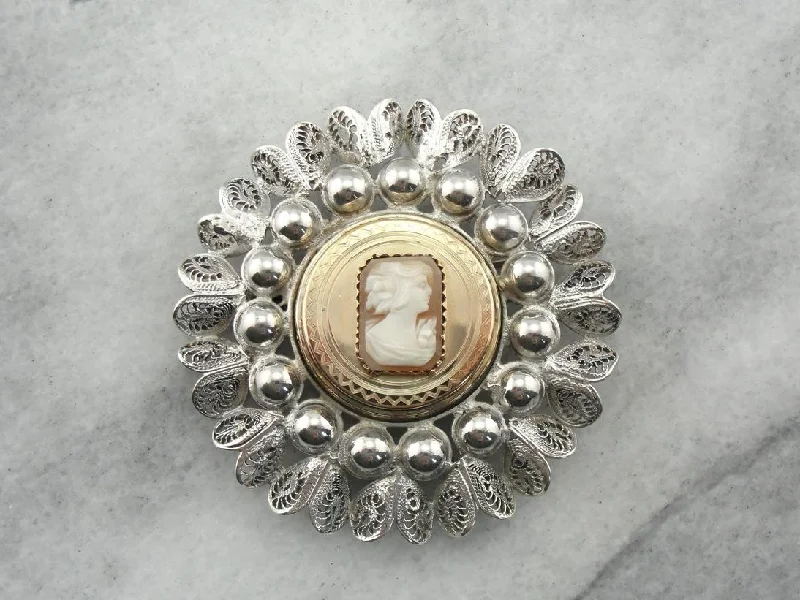 Ladies mystic charm brooches -Quilled Filigree, Large Cameo Brooch