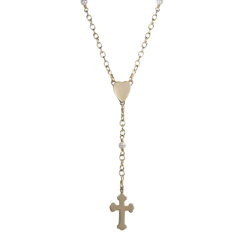 Ladies starlit gleam necklaces -10K Gold Heart and Cross Rosary Necklace on Pearl Chain