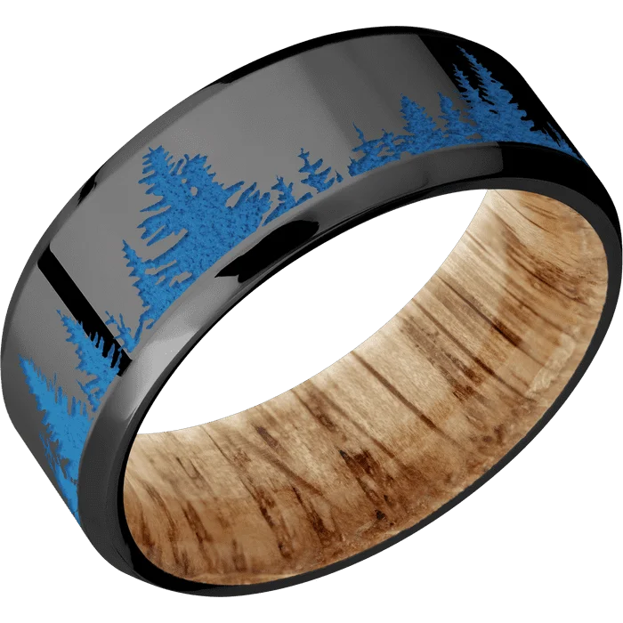 Ladies Rings with Heart Spark-8mm wide Beveled Black Titanium Ring with Polish Finish / Trees Design and Sea Blue Cerakote Accents / Natural Oak Sleeve