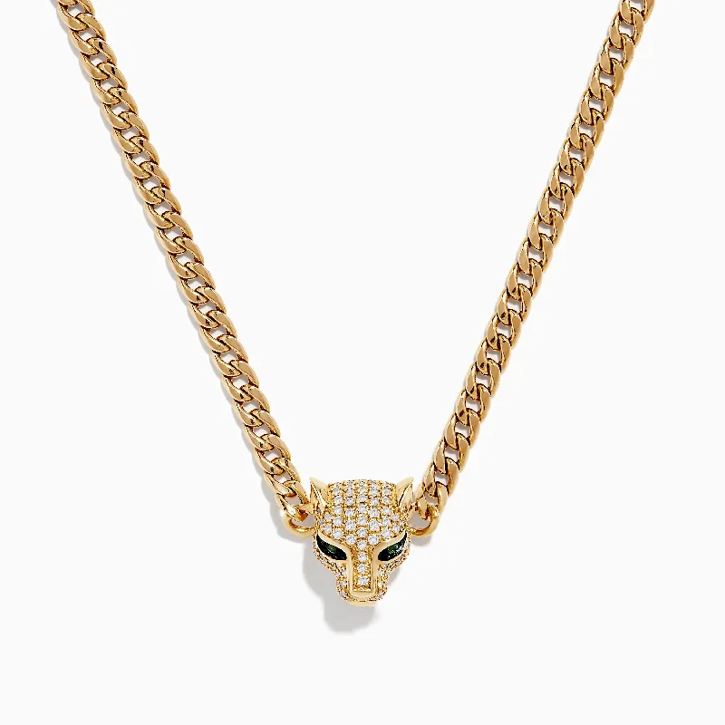 Ladies thrifty charm necklaces -Signature 14K Yellow Gold Diamond and Emerald Panther Necklace