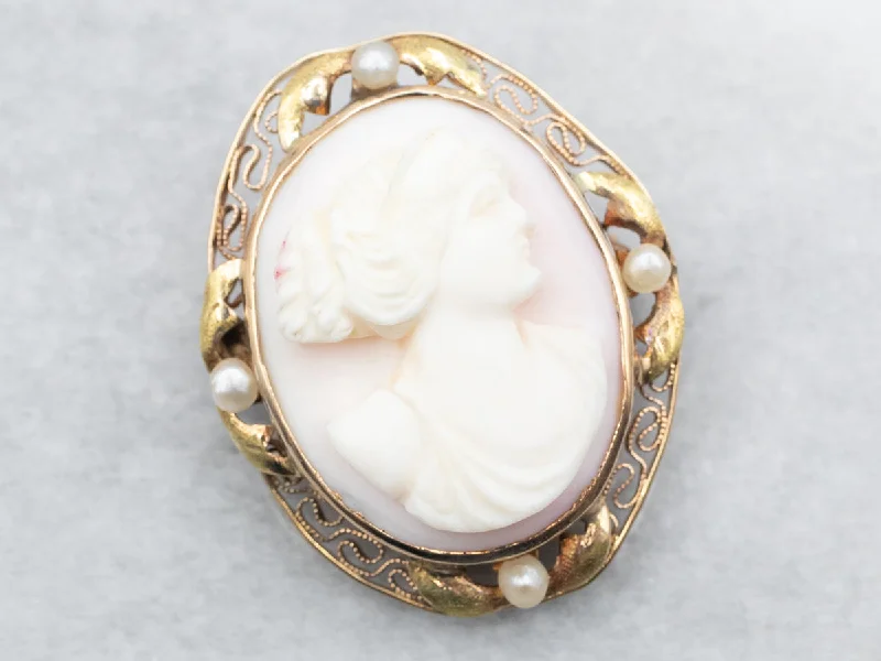 Ladies starry charm brooches -Antique Pink Shell Cameo Seed Pearl Brooch or Pendant