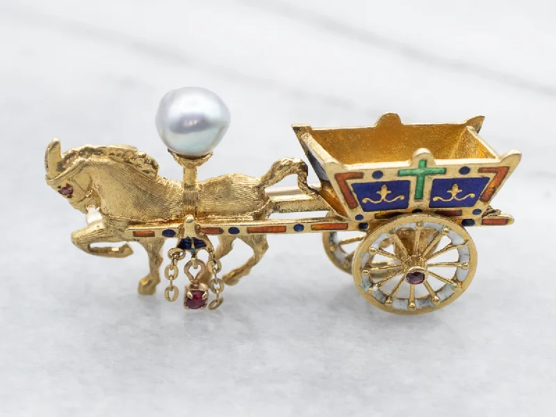 Ladies cosmic charm brooches -Yellow Gold Enamel and Pearl Horse and Carriage Brooch