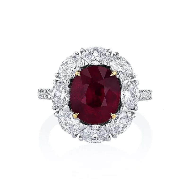 Ladies Rings with Cosmic Glow-Platinum and 18k Yellow Gold Oval Cut Ruby and Diamond Halo Ring