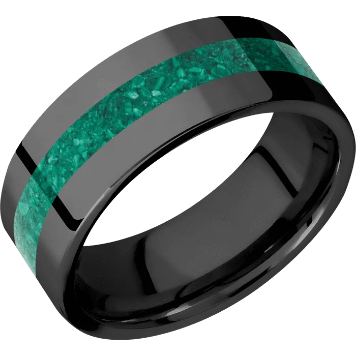 Ladies Rings with Rose Quartz-8mm wide Flat Black Titanium Ring with Polish Finish / One 3mm Centered Malachite Inlay