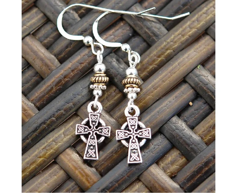 Ladies Earrings for Holiday Shine-Celtic Cross with Gold Details Earrings by Cruthú