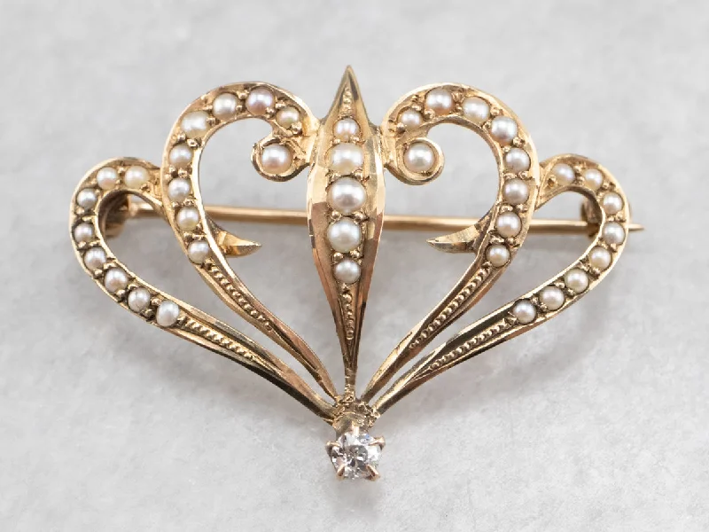 Ladies hefty gleam brooches -Antique Diamond and Seed Pearl Brooch