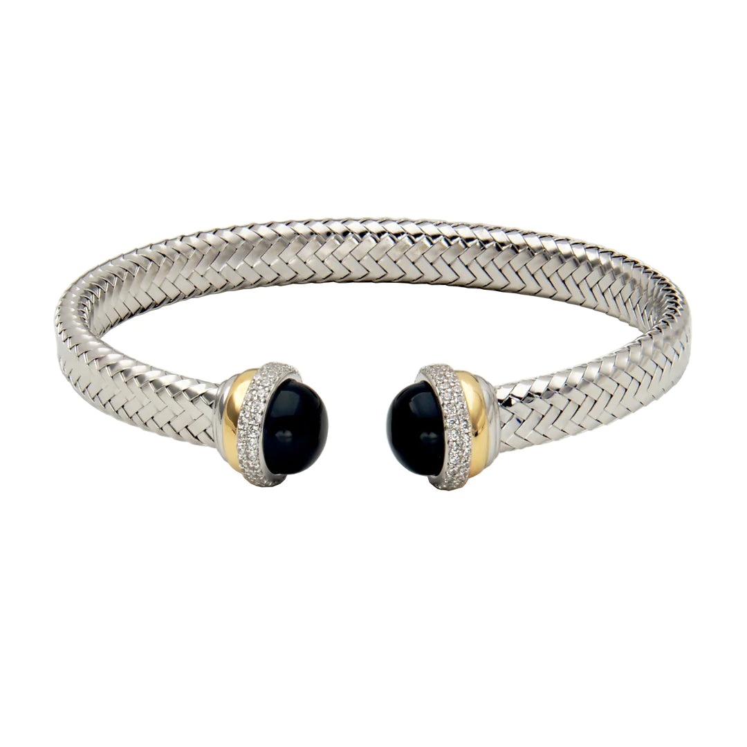 Ladies sleek onyx bracelets -Sterling Silver Black Agate and CZ Cuff Bracelet